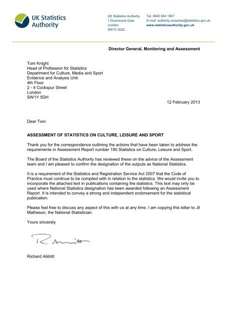 Letter Of Confirmation As National Statistics Assessment Gov Uk Letter Of Confirmation As National Statistics Assessment Gov Uk
