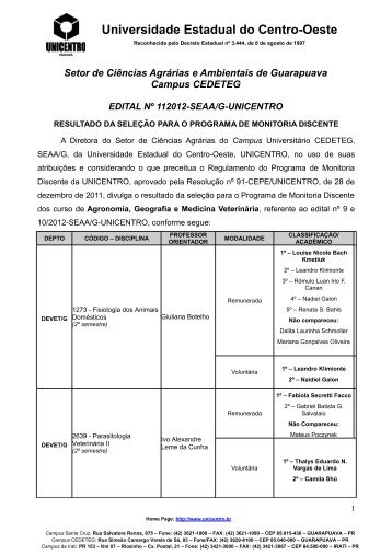 edital nÂº 11-2012-seaa/g-unicentro - resultado da seleÃ§Ã£o para o ...