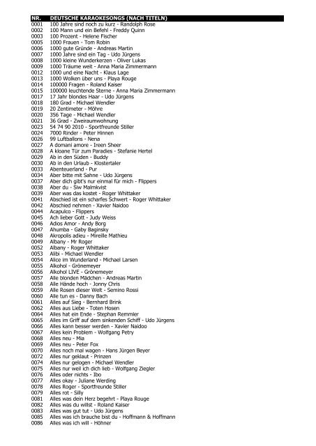 Moment gras Minimaal NR. DEUTSCHE KARAOKESONGS (NACH TITELN ... - Sound 3000