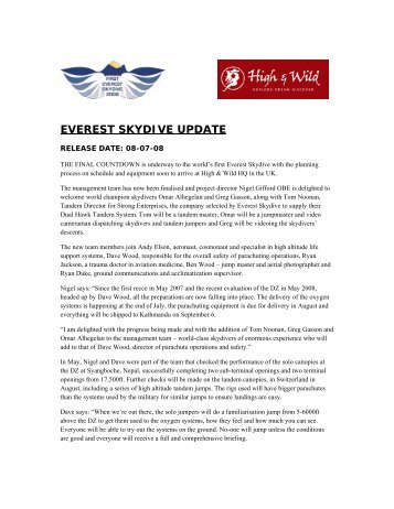 Everest Skydive Update July 8, 2008 - Incredible Adventures