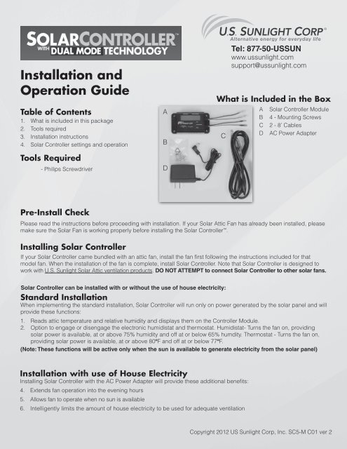 Installation and Operation Guide - US Sunlight Corp