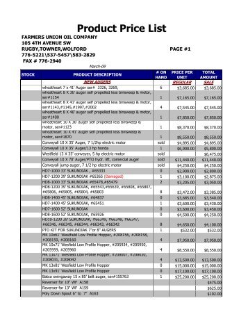 Product Price List - Rugby Farmers Union Elevator and Oil Company