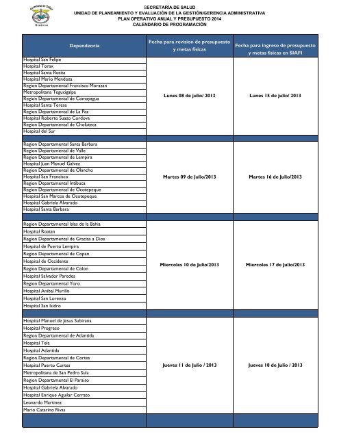Calendario para revision e ingreso de presupuesto y metas de ...