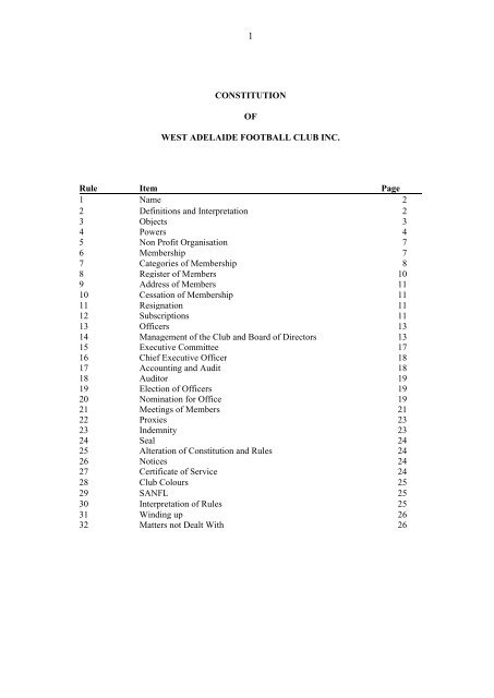 CONSTITUTION OF WEST ADELAIDE FOOTBALL CLUB INC. Rule ...
