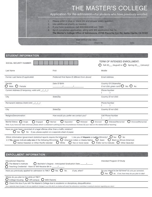 Application for Re-Admission â Undergraduate - The Master's College