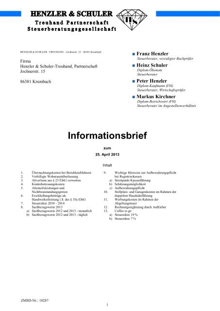 25. April 2013 Infobrief - Kanzlei Henzler & Schuler