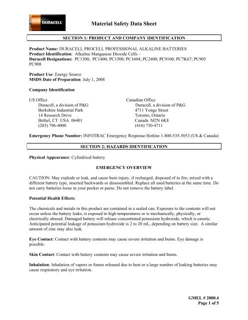 Material Safety Data Sheet - Duracell