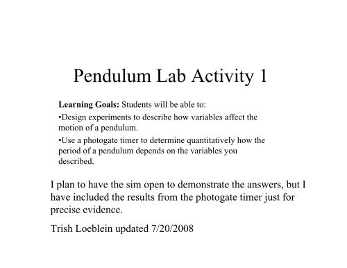 Pendulum Lab Activity 1 - PhET