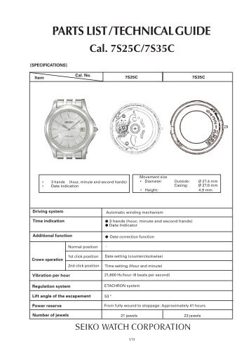 PARTS LIST / TECHNICAL GUIDE Cal. 7S25C/7S35C - Seiko