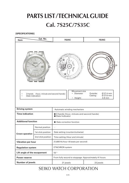 historie tiltrækkende Kilimanjaro PARTS LIST / TECHNICAL GUIDE Cal. 7S25C/7S35C - Seiko