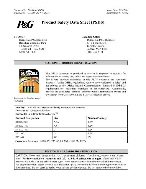 Product Safety Data Sheet (PSDS) - Batteries Plus