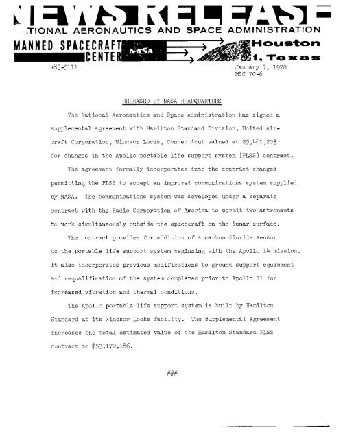 + 1970 News Releases (7.6 Mb PDF file) - NASA