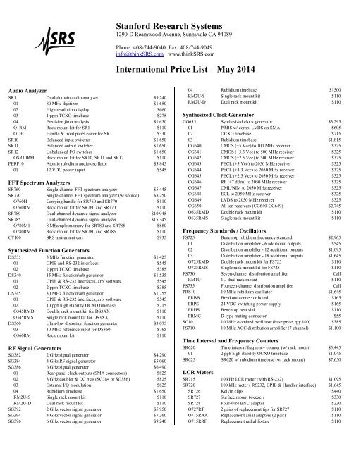 Stanford Research Systems International Price List A April 13