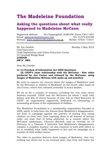 Letter to Jim Gamble - The Madeleine Foundation