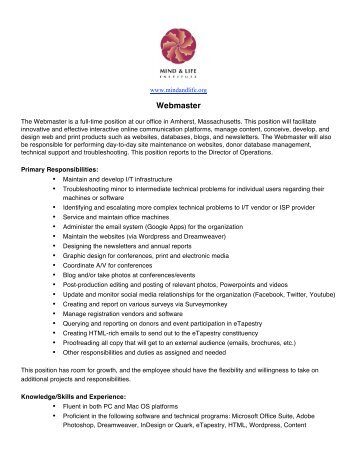 Webmaster Job Description 1_30_2012 - Mind & Life Institute