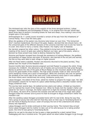 The Hinilawod epic tells the story of the exploits ... - Philippine Culture