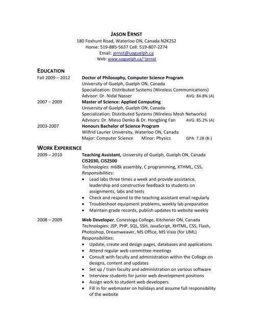 university of guelph resume help