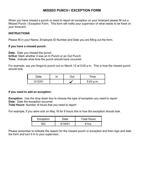 MISSED PUNCH / EXCEPTION FORM