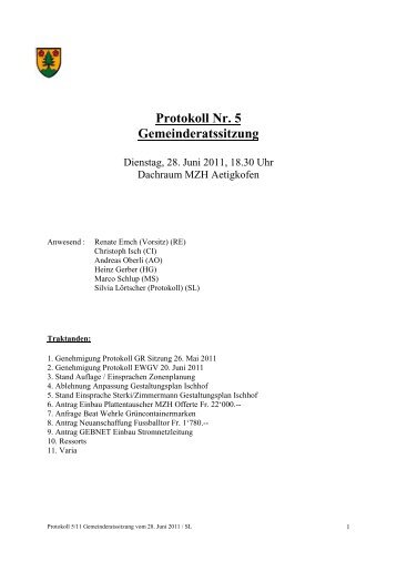 Protokoll Gr Sitzung Nr. 5 vom 28.06.2011 - Aetigkofen