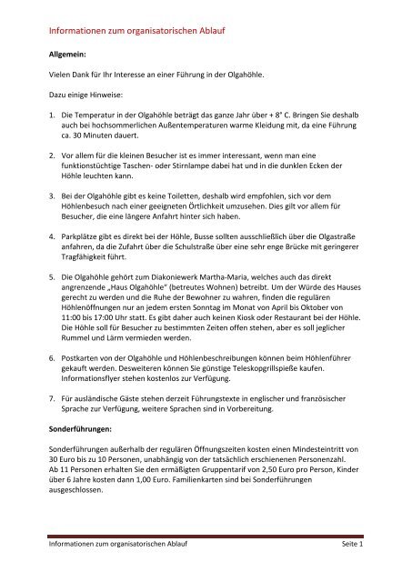 Informationen zum organisatorischen Ablauf - olgahoehle.de