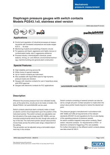 Diaphragm pressure gauges with switch contacts Models ... - sini.se