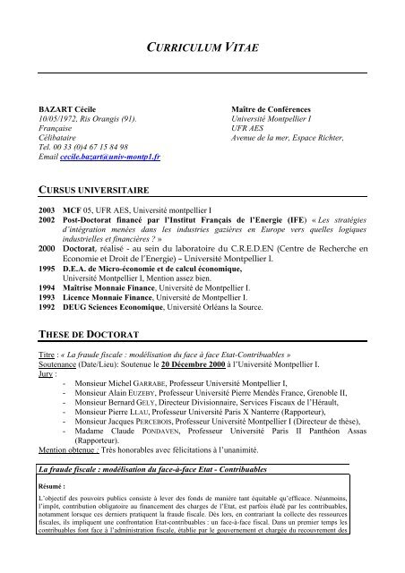 CURRICULUM VITAE - Lameta - UniversitÃ© Montpellier I