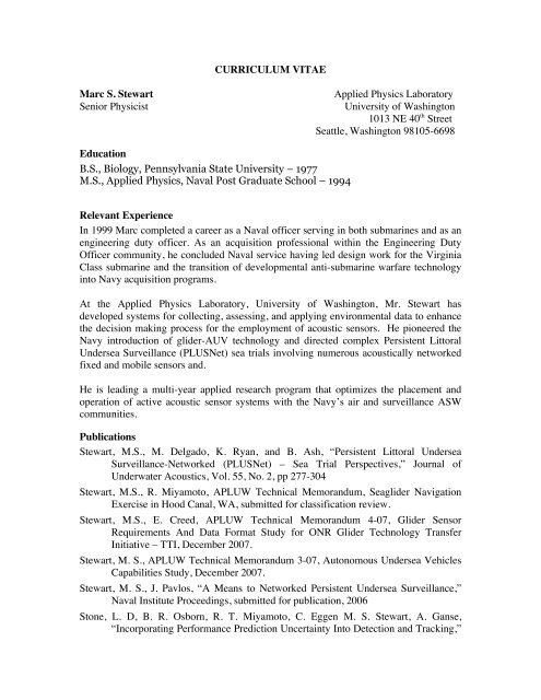 Marc Stewart's CV (PDF, 62 KB) - Applied Physics Laboratory ...