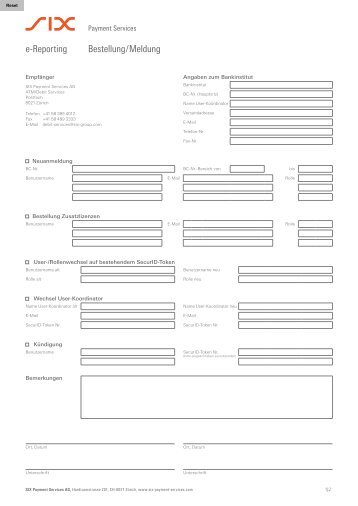 e-Reporting Bestellung / Meldung - SIX Payment Services