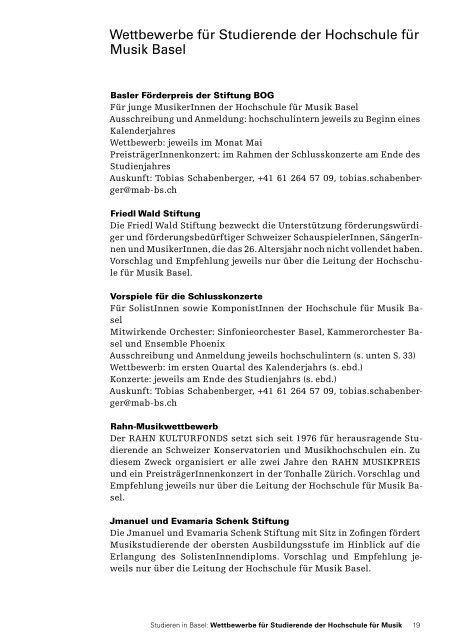 Studien v erz eic hnis 20 08/20 09 - Hochschule fÃ¼r Musik Basel