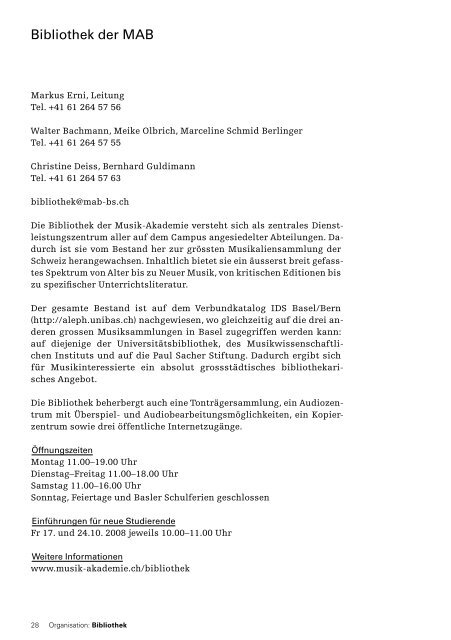 Studien v erz eic hnis 20 08/20 09 - Hochschule fÃ¼r Musik Basel