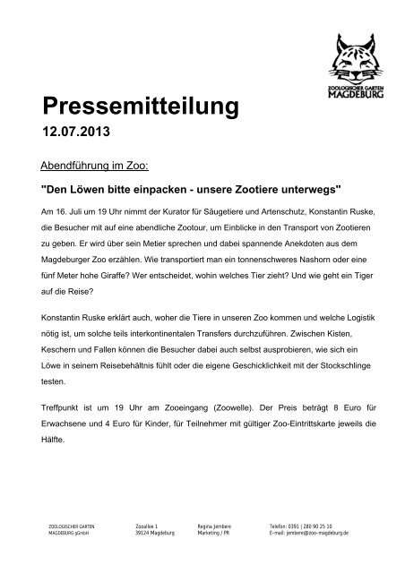Pressemitteilung vom 12.07.2013 - Zoo Magdeburg