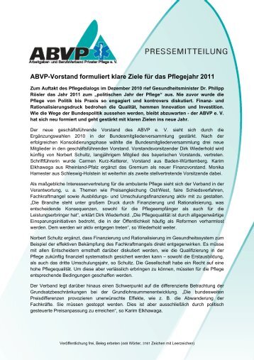 ABVP-Vorstand formuliert klare Ziele fÃ¼r das Pflegejahr 2011