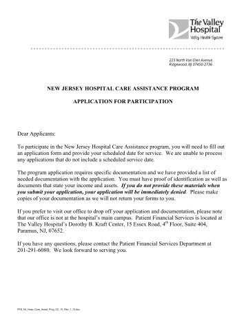 NEW JERSEY HOSPITAL CARE ASSISTANCE ... - Valley Hospital