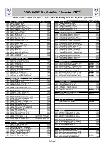 CENÍK MODELŮ / Preisliste / Price list 2011