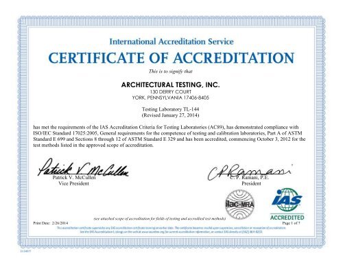 TL-144 -- Architectural Testing, Inc.(York, PA)