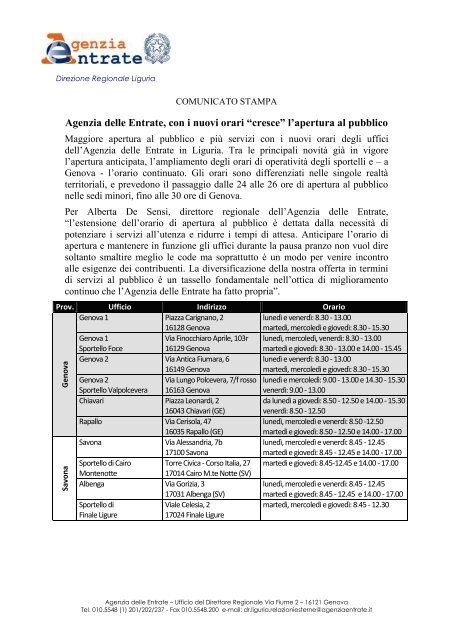 Comunicato per la stampa - Liguria - Agenzia delle Entrate