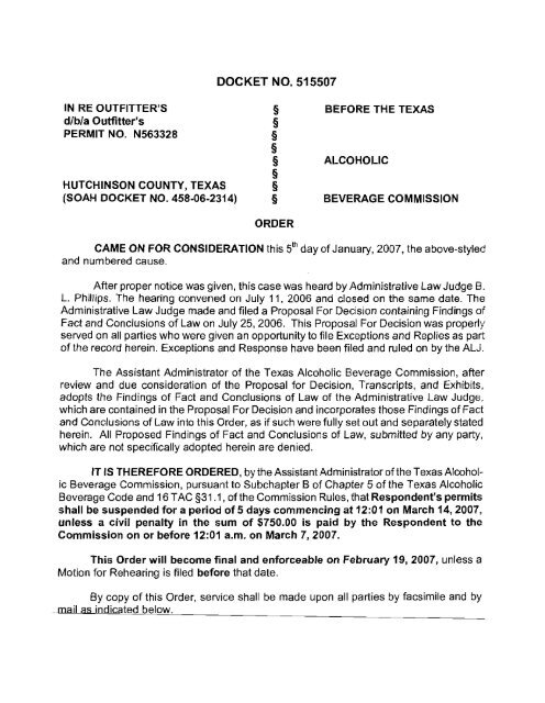 DOCKET NO. 515507 - Texas Alcoholic Beverage Commission