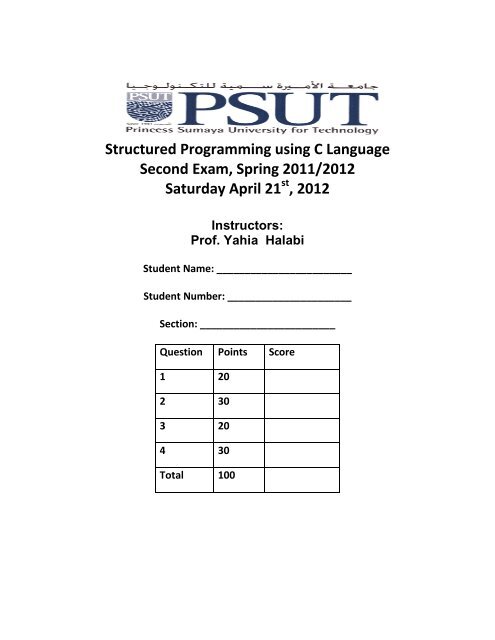 Structured Programming using C Language Second Exam, Spring ...