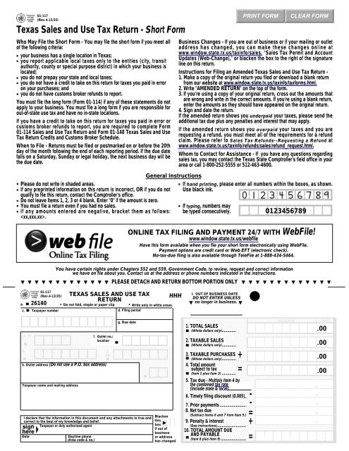 01-117 Texas Sales and Use Tax Return - Short Form