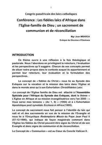 Conférence : Les fidèles laïcs d'Afrique dans l'Eglise-famille de Dieu ...