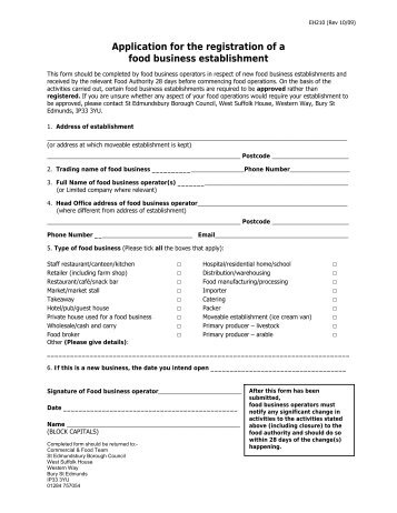 Application for the registration of a food business establishment form