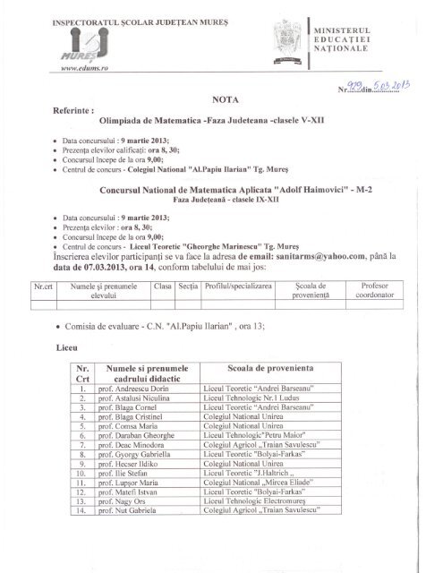 Referinţe Olimpiada de Matematică - faza judeţeană