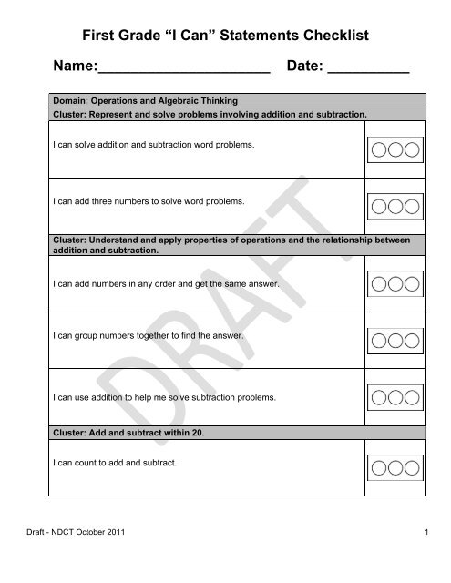 “I Can” Statements Checklist Name: Date - ND Curriculum Initiative