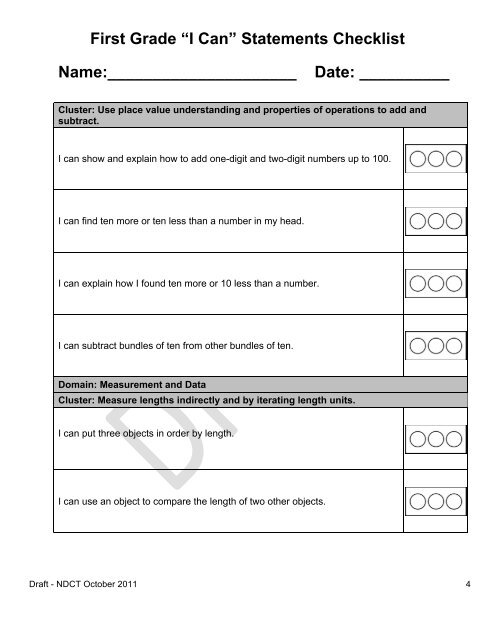 “I Can” Statements Checklist Name: Date - ND Curriculum Initiative