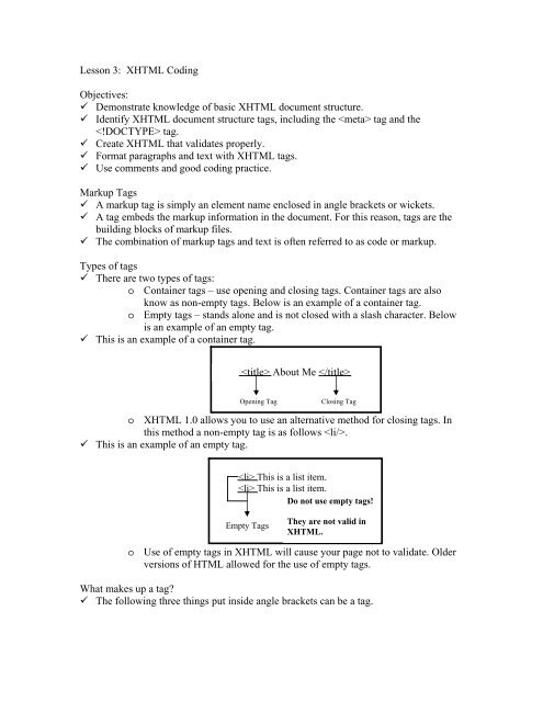 Lesson 3: XHTML Coding Objectives: Demonstrate knowledge of ...