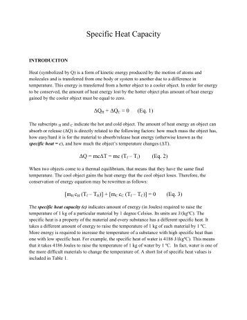lab specific heat capacity The specific heat capacity and viscosity of vegetal oils (among which our sunflower oil can be found) is described in the article viscosity and specific heat of vegetable oils as a function of temperature: 35 °c to 180 °c. lab specific heat capacity The specific heat capacity and viscosity of vegetal oils (among which our sunflower oil can be found) is described in the article viscosity and specific heat of vegetable oils as a function of temperature: 35 °c to 180 °c.