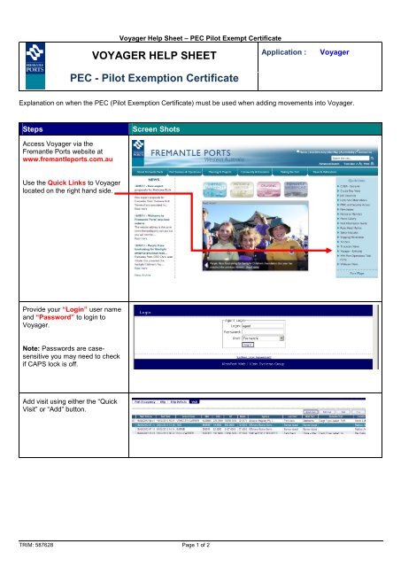 VOYAGER HELP SHEET PEC - Pilot Exemption  - Fremantle Ports