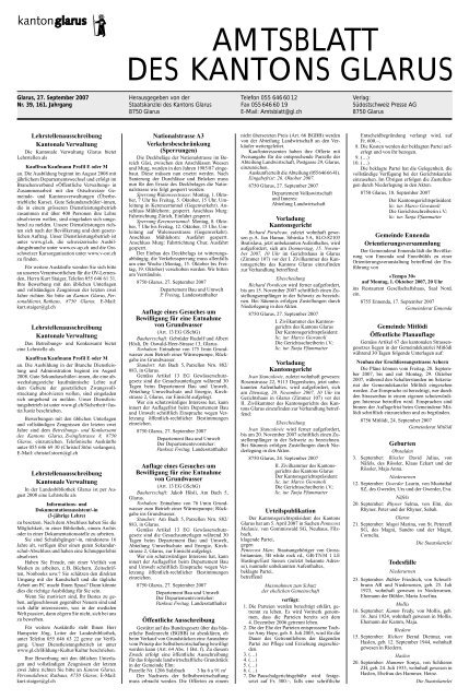 Amtsblatt des Kantons Glarus, 27.9.07 - glarus24.ch