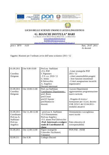 29-07-2011 Riunioni per l'ordinato avvio dell'anno ... - Bianchi Dottula