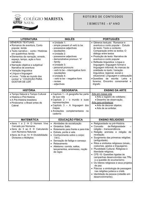 ROTEIRO DE CONTEÃDOS I BIMESTRE â 6Âº ANO